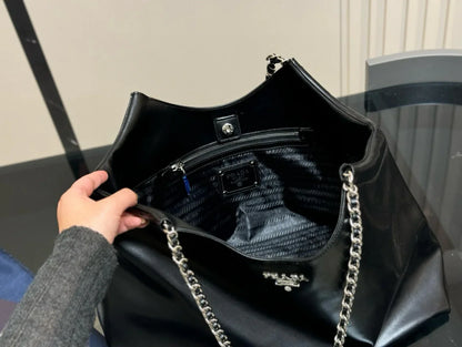 Prada Double Chain Black Shoppping Tote Bag 39x30cm