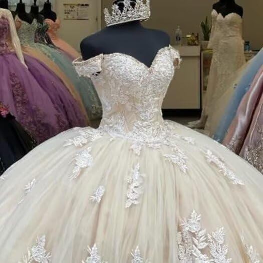 Champagne gorgeous exquisite lace applique off-shoulder long quinceanera dress 15 years old prom dress debutante dress prom dress gh981