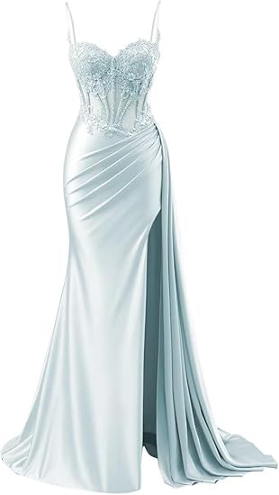 Pretty Mermaid Spaghetti Straps Sage Green Long Satin Prom Dresses Formal Evening Dress SD2416