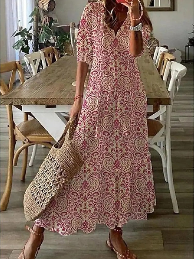 loveedsTM-Summer Fashion Floral Print Holiday Long Dress Casual Loose Drawstring Half Sleeve Dress Women V Neck Chic Ruffled Boho Dresses