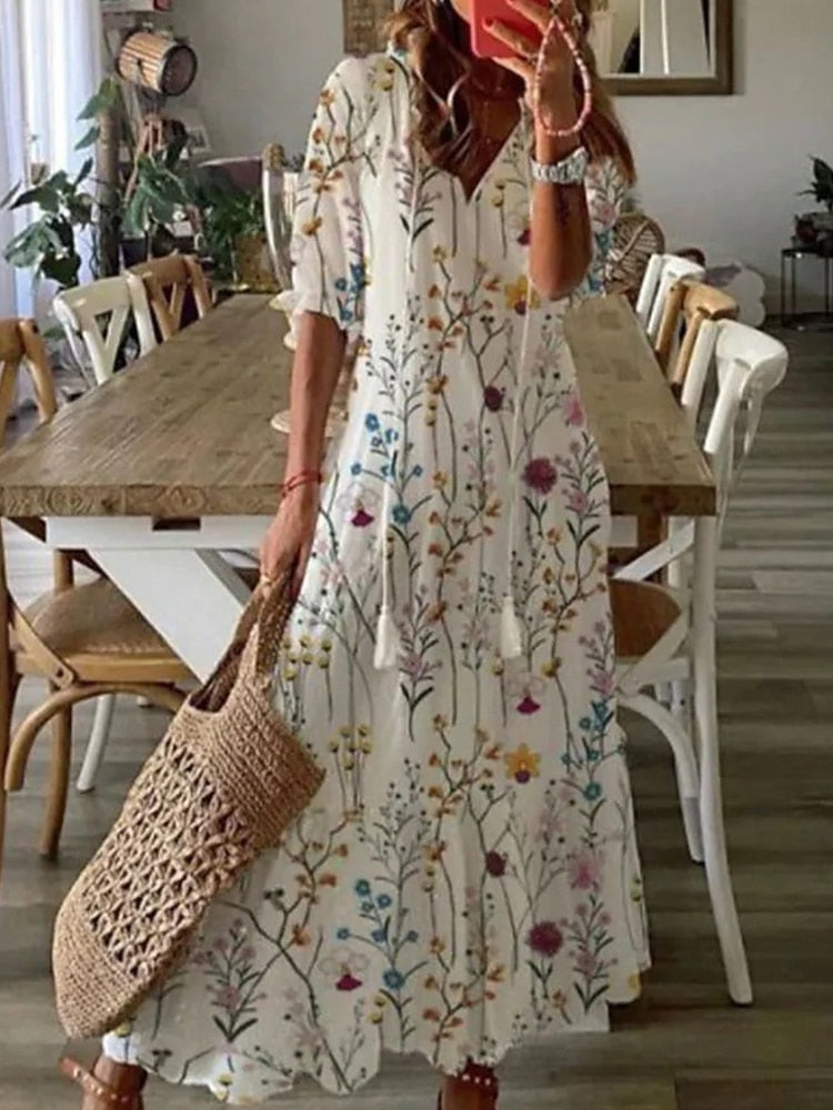 loveedsTM-Summer Fashion Floral Print Holiday Long Dress Casual Loose Drawstring Half Sleeve Dress Women V Neck Chic Ruffled Boho Dresses