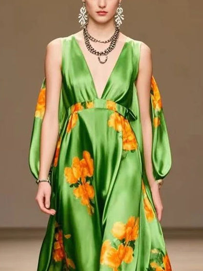 V-neck Chiffon Print Holiday Women's Dress