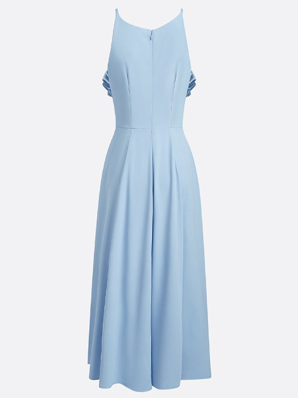 Light Blue Peplum Classic Spaghetti Sleeveless A-Line Midi Dress