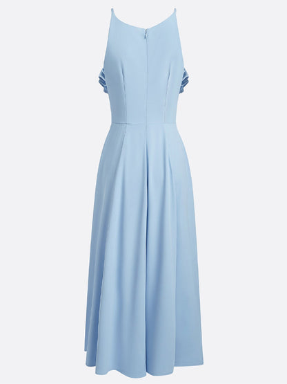Light Blue Peplum Classic Spaghetti Sleeveless A-Line Midi Dress