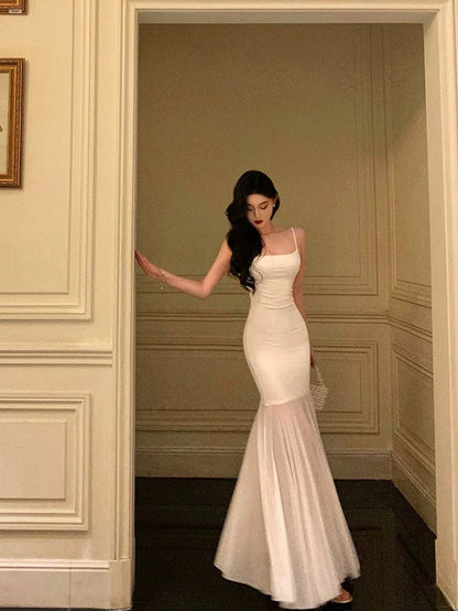 Sexy Mermaid Spaghetti Straps White Sleeveless Prom Dresses Party Dress Summer Birthday Outfits 20th Birthday Dresses W816