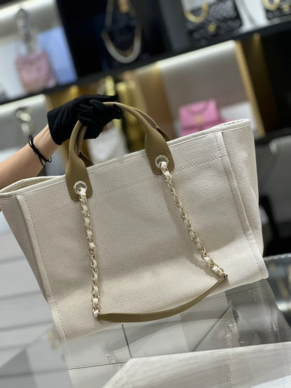 Chanel Natural Canvas and Tan Leather Large Pearl Deauville Tote - 30x39x22cm