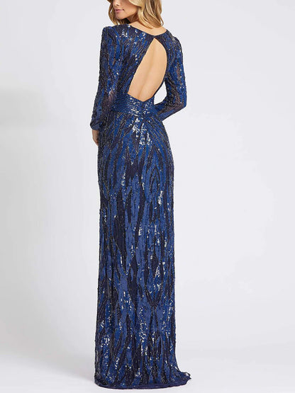 V-neck Sequined Long Sleeves Maxi Dress