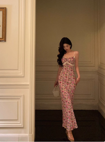 Classy Mermaid Spaghetti Straps Pink Floral Long 18th Birthday Dress Party Gown 21st Birthday Outfits Birthday Dress Ideas For Women DP1313