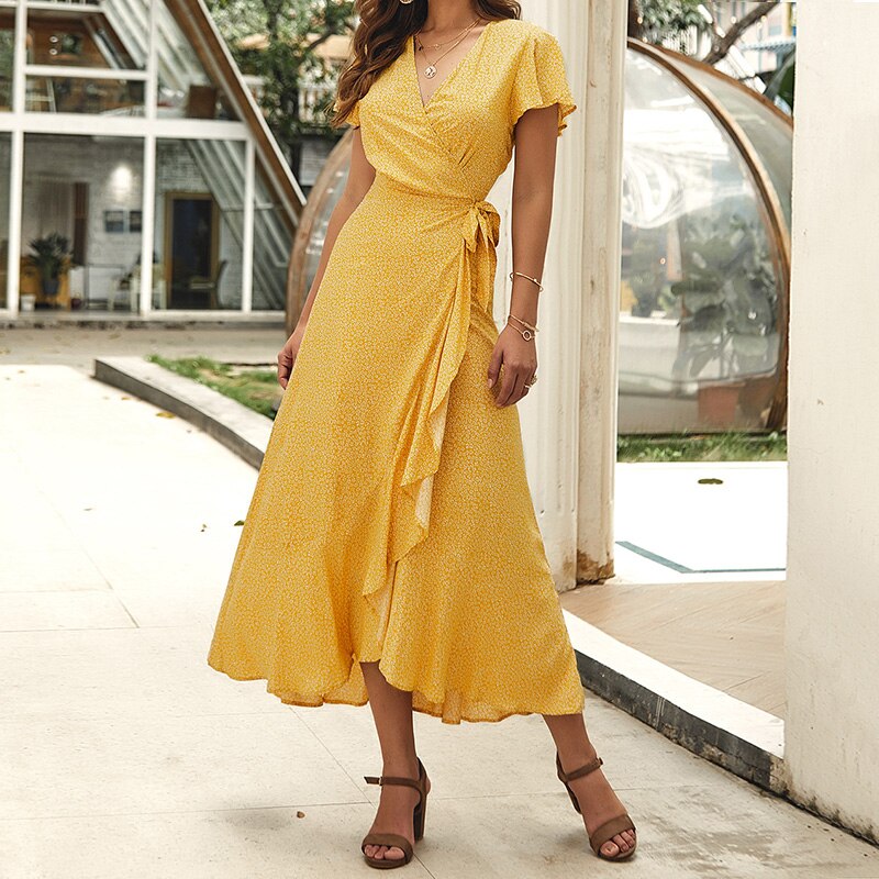 loveedsTM-Summer Vacation Holiday Dress Boho Green Printed Sashes Ruffles Bohemian Midi Dress V-Neck Irregular Short Sleeve Sundress