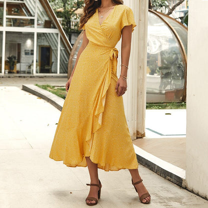 loveedsTM-Summer Vacation Holiday Dress Boho Green Printed Sashes Ruffles Bohemian Midi Dress V-Neck Irregular Short Sleeve Sundress
