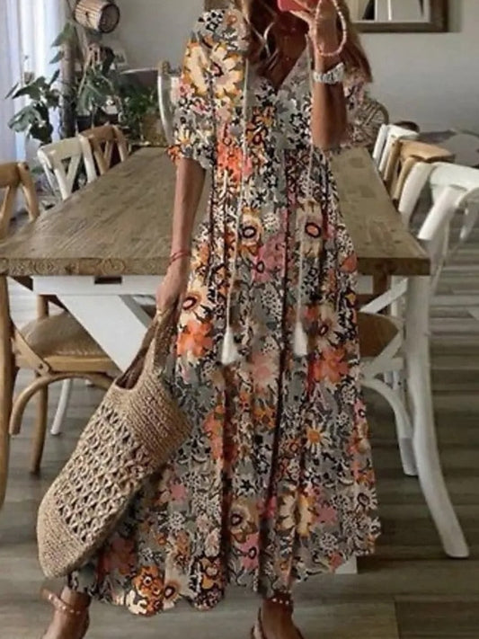 loveedsTM-Summer Fashion Floral Print Holiday Long Dress Casual Loose Drawstring Half Sleeve Dress Women V Neck Chic Ruffled Boho Dresses