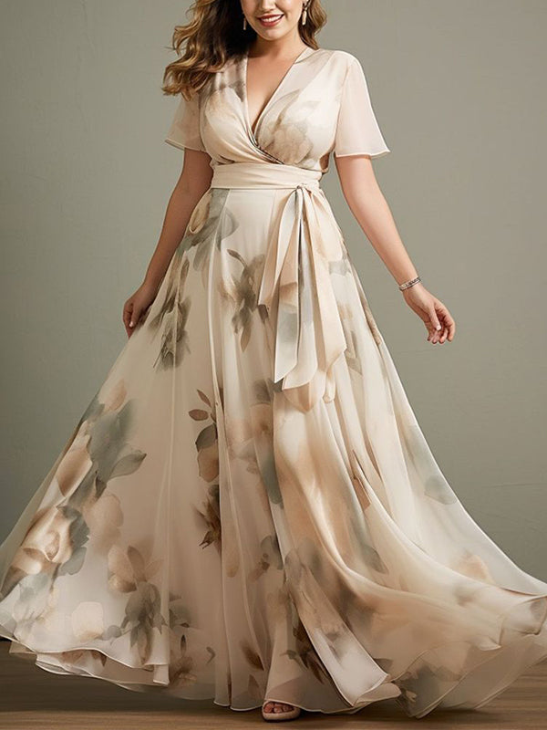 Beige V-neck Print Maxi Dress