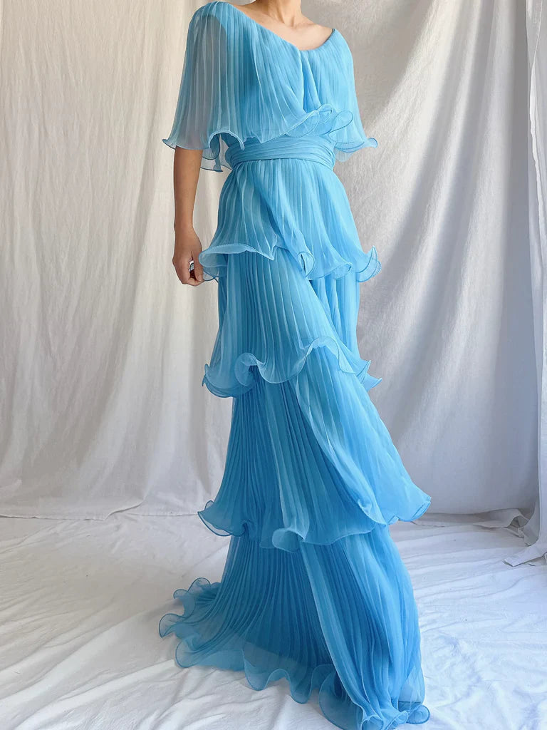 Blue Layered Chiffon A Line V Neck Simple Long Party Dress Evening Dress 18 Birthday Dress SH3625