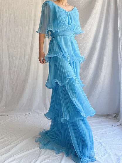 Blue Layered Chiffon A Line V Neck Simple Long Party Dress Evening Dress 18 Birthday Dress SH3625