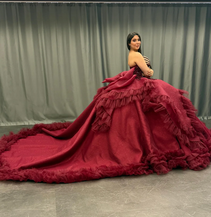 Princess Burgundy Quinceanera Dresses Beaded Appliques Tulle Sweet 16 Party Prom Ball Gown SH3270