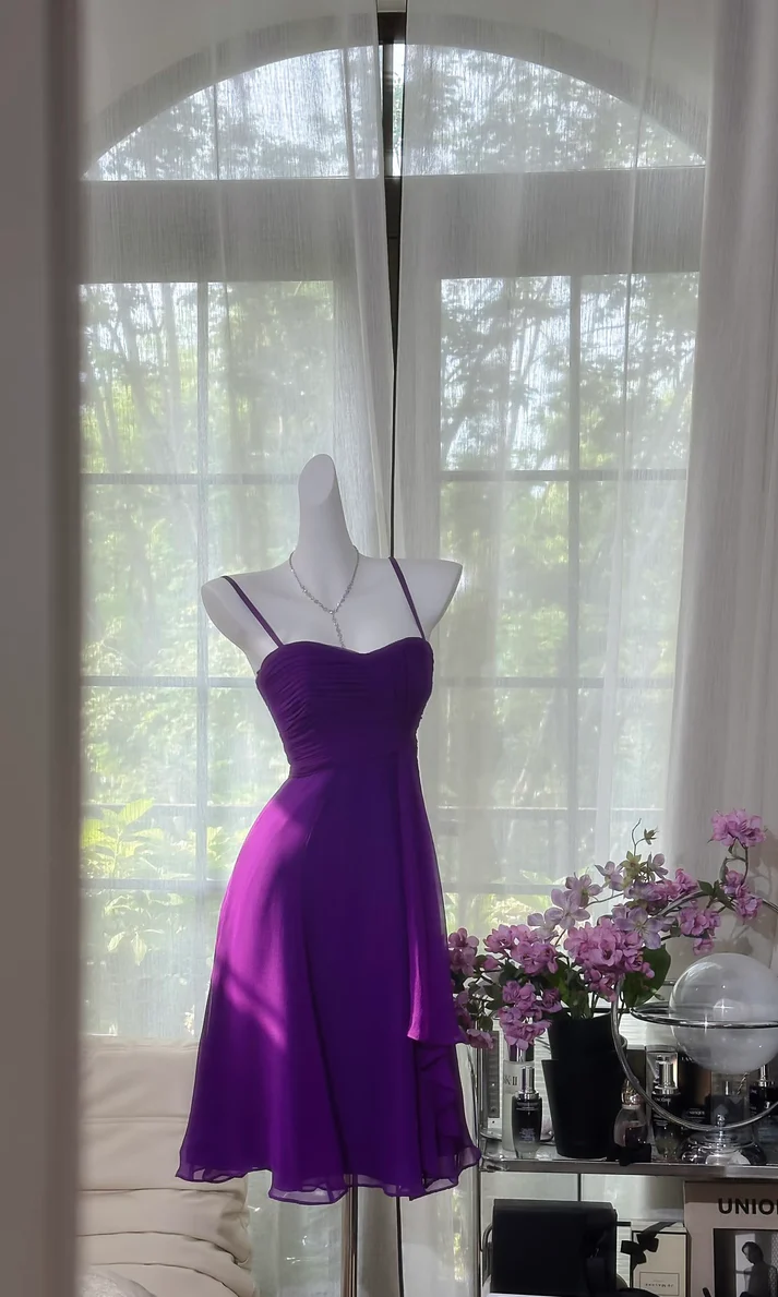 Classy Spaghetti Straps Purple Chiffon A Line Homecoming Dress Short Prom Dress S916