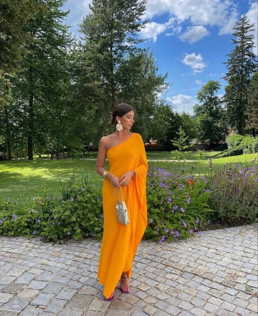 Orange one shoulder stylish elegant long chiffon ball gown evening dress wedding guest party dress gh3376