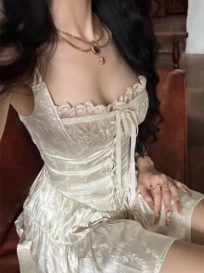 loveedsTM - Sexy Solid White Stitching Lace Bra Corset style Spaghetti Strap Mini Dress Women Backless Party Skater Short Sling Robe