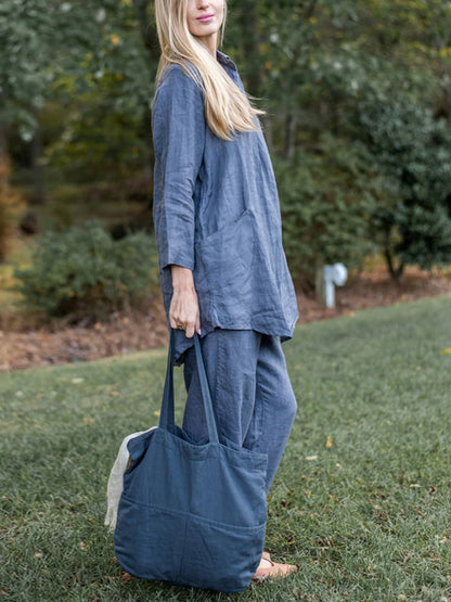 Lapel Solid Color Cotton And Linen Top And Trousers Suit