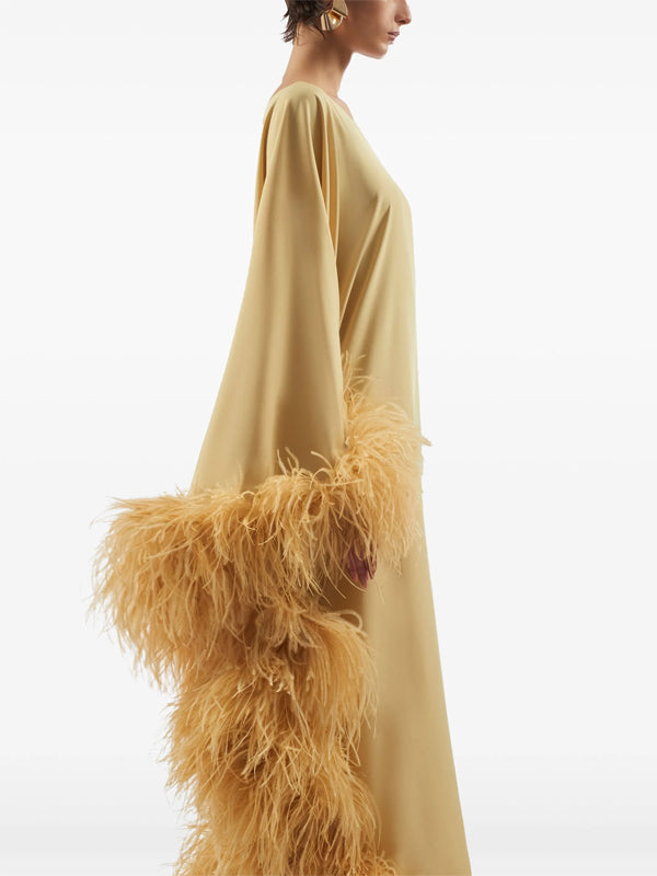 One Shoulder Solid Color Feather Maxi Dress