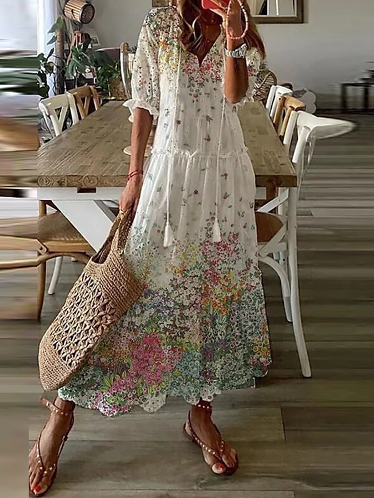 loveedsTM-Summer Fashion Floral Print Holiday Long Dress Casual Loose Drawstring Half Sleeve Dress Women V Neck Chic Ruffled Boho Dresses