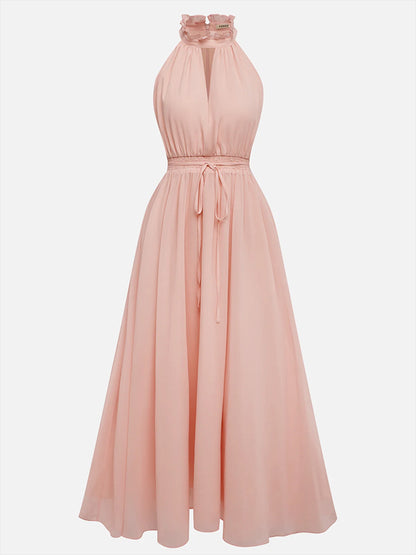 Halter Neck Chiffon Solid Color Midi Dress