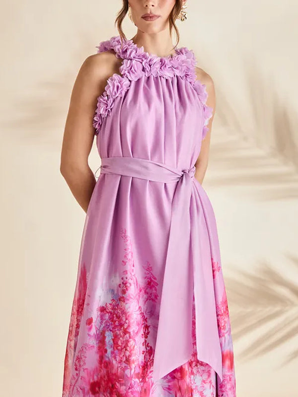 Floral Edge Printed Trapeze Midi Holiday Dress