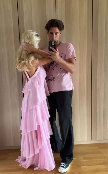Pink suspenders fashion sweet A-line backless long chiffon tiered ball gown evening dress party dress gh2906