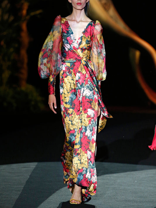 Puff Sleeve Chiffon Floral Catwalk Women's Dress