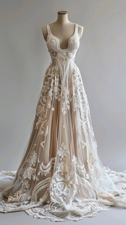 Elegant A Line Straps Lace Tulle Long Sweep Prom Dress Evening Dress SH2437