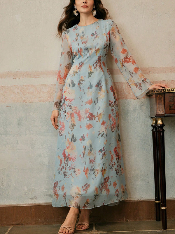 Women's Elegant Floral Print Long Sleeve Resort Dress