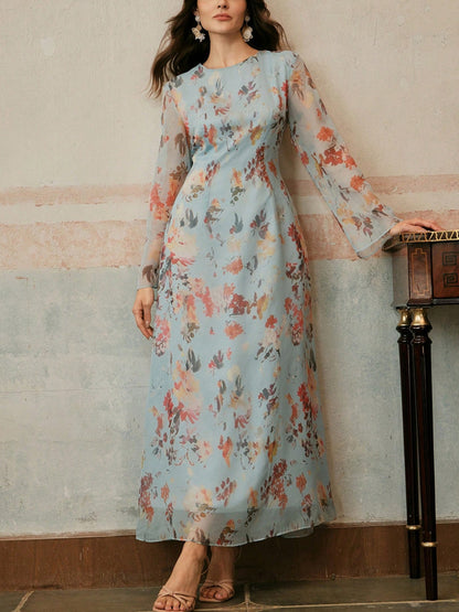 Women's Elegant Floral Print Long Sleeve Resort Dress