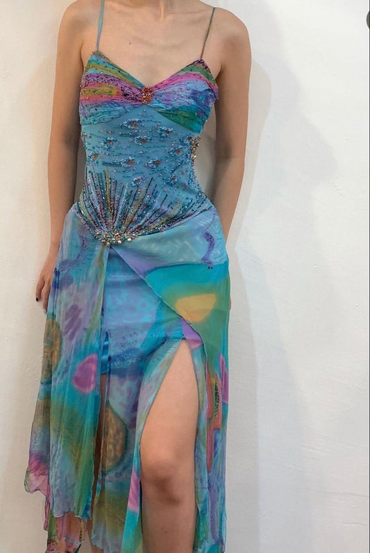 Blue colorful beaded spaghetti straps fashionable long chiffon beach holiday travel party dress gh4883