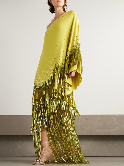 Off-shoulder Sequin Solid Color Maxi Dress