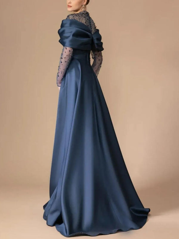 Round Neck Lace Long Sleeve Solid Color Maxi Dress