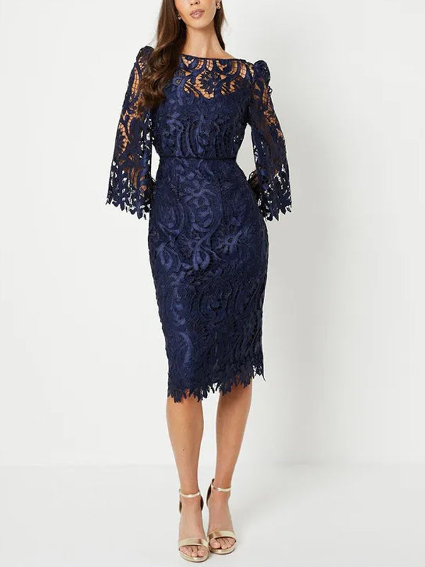 Round Neck Solid Color Lace Midi Dress