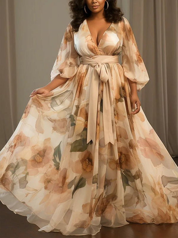 Beige V-neck Print Maxi Dress