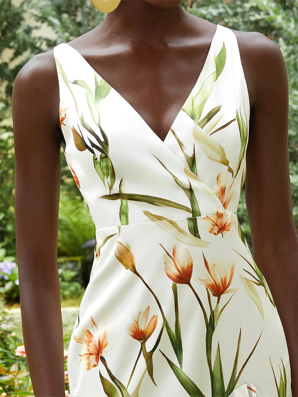 Off White Printing Asymmetric Satin V Neck Sleeveless Mermaid Midi Dress