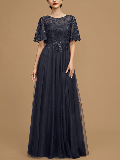 Round Neck Lace Short Sleeve Solid Color Mesh Maxi Dress