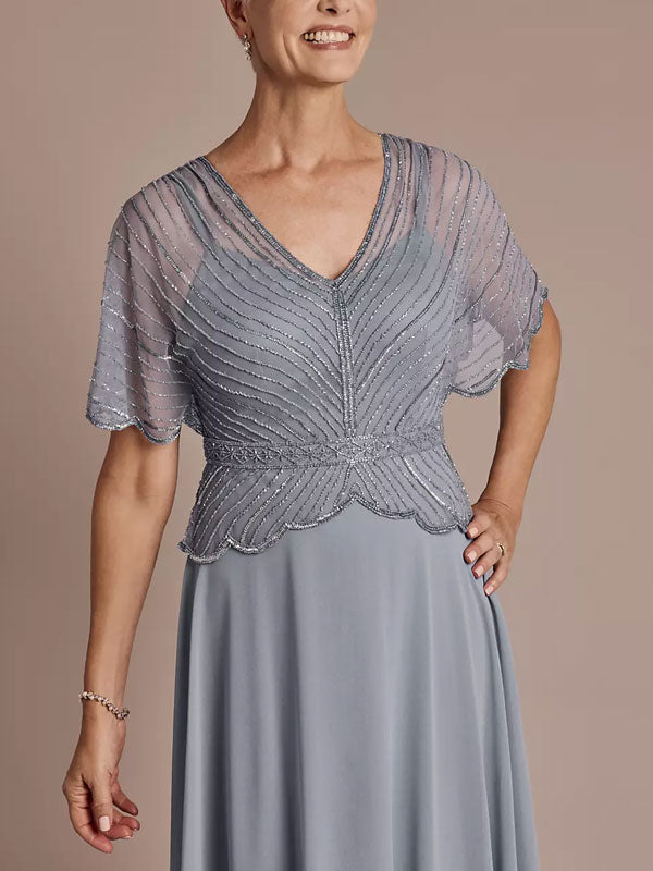 Beaded Peplum A-Line Dress with Scalloped Edge