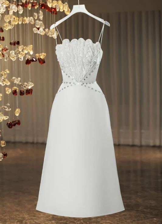 Classy White Spaghetti Straps Satin Beaded A Line Birthday Dress Party Dress S358