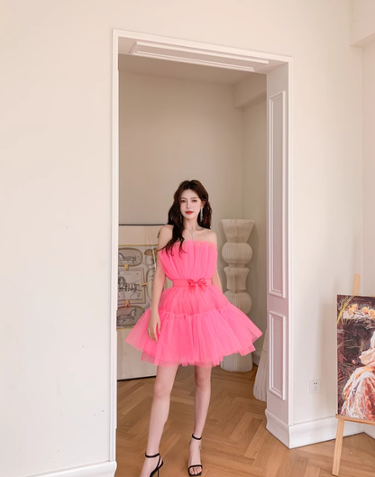 Barbie Pink A Line Strapless Tulle Short Outfit Party Dress Homecoming Dress Birthday Dress SH3528