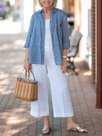 Solid Color Cotton and Linen Elegant Ladies Shirt