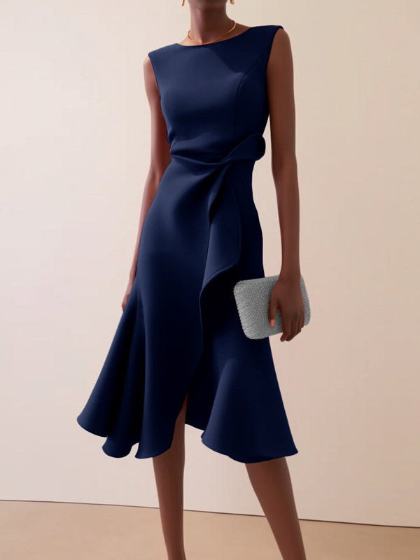 Ruffled Classic Boat Neck Sleeveless Midi Elegant A-line Dress with Waist Twist for Day-to-Night