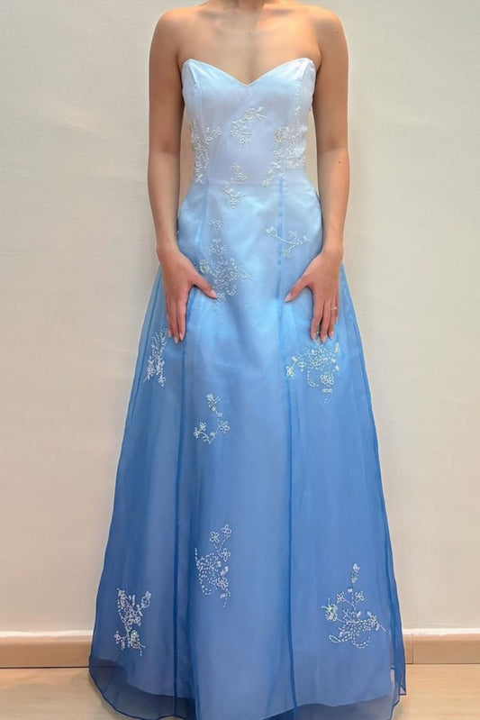 Blue Gradient Beading Vintage Elegant Formal Long Satin Tulle Ball Gown Evening Gown Party Dress gh4348