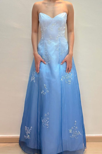 Blue Gradient Beading Vintage Elegant Formal Long Satin Tulle Ball Gown Evening Gown Party Dress gh4348