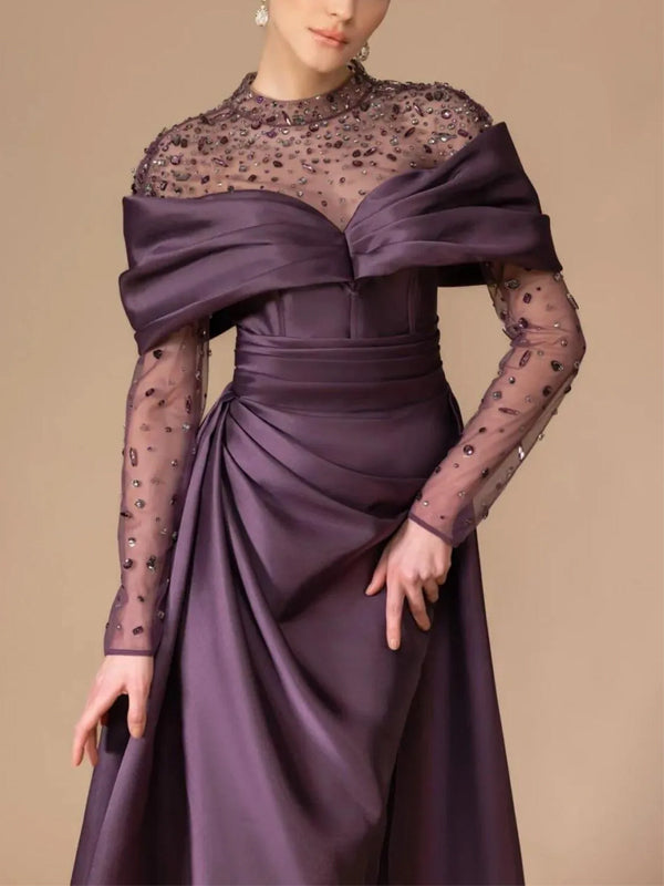 Round Neck Lace Long Sleeve Solid Color Maxi Dress