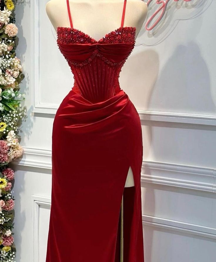 Red gorgeous exquisite fashion shiny spaghetti straps slit mermaid slim long satin ball gown evening dress party dress gh3230