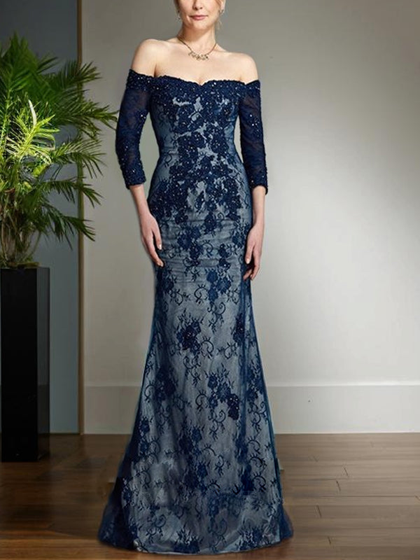 Off-the-shoulder Solid Lace Maxi Dress