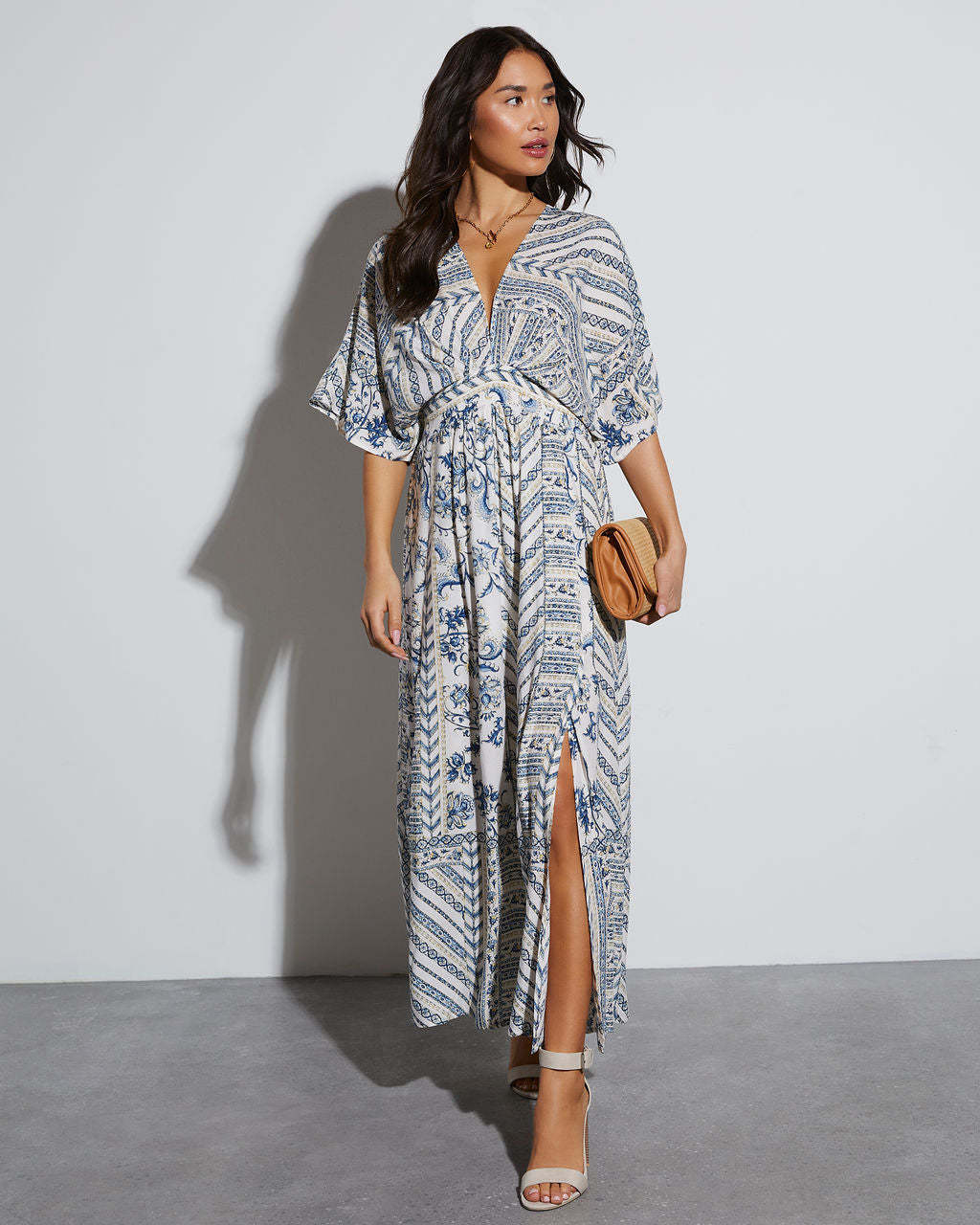 loveedsTM-Spring and summer printed long short-sleeved printed V-neck dress